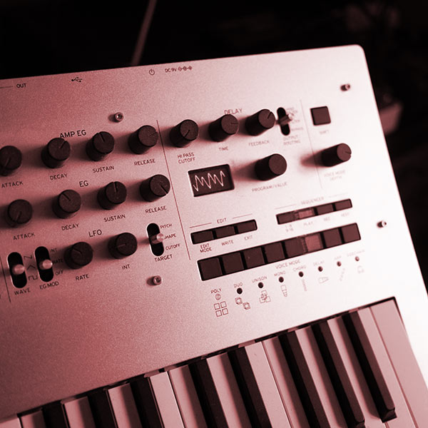 Showing part of a Korg Minilogue analogue synthesiser