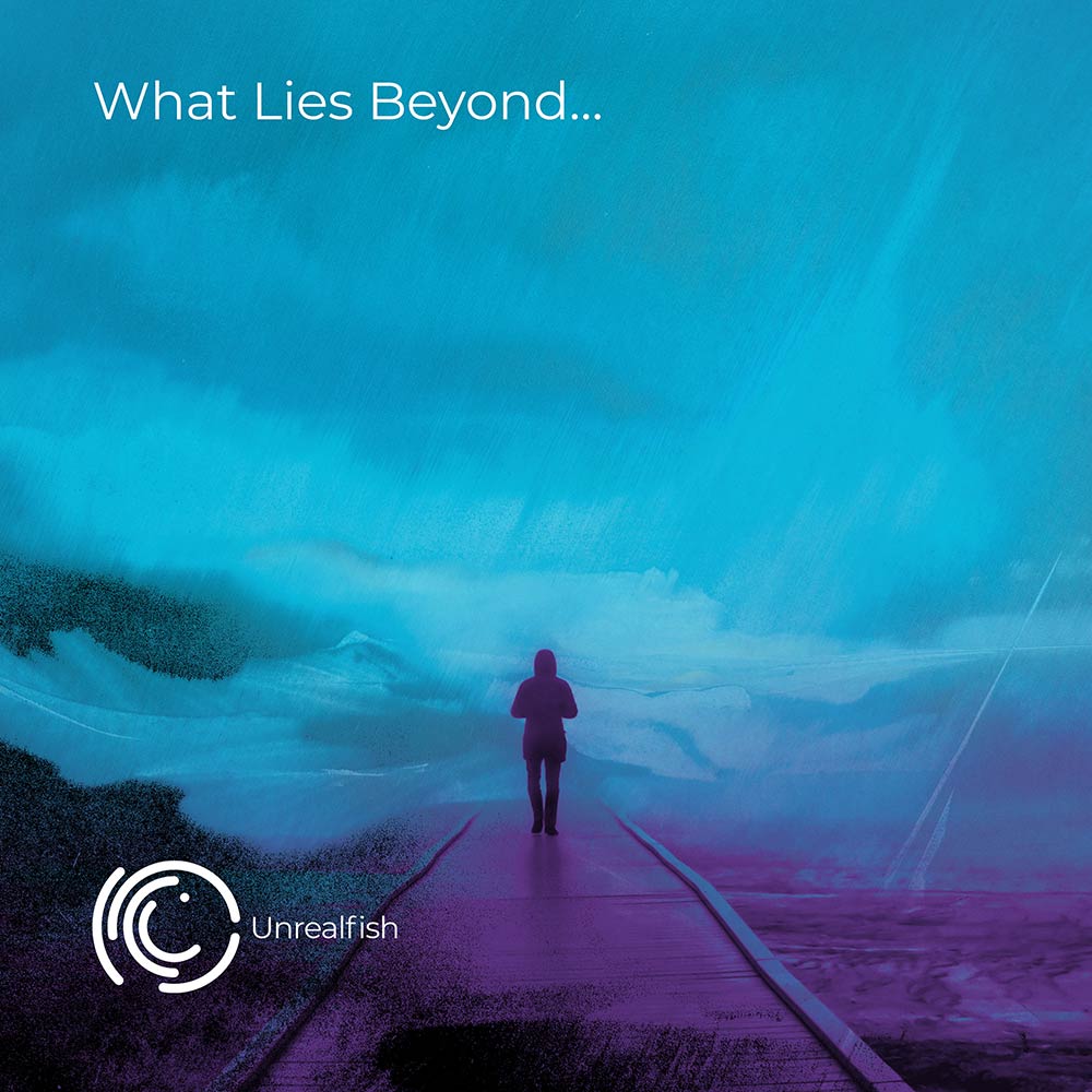 What Lies Beyond album cover - man walking into a fantastical world - copyright Unrealfish Music 2024